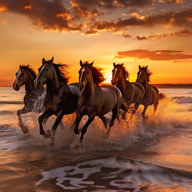 Foto los caballos corren a lo largo de la costa.