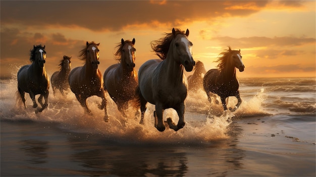 Caballos corriendo en el agua en la foto del atardecer