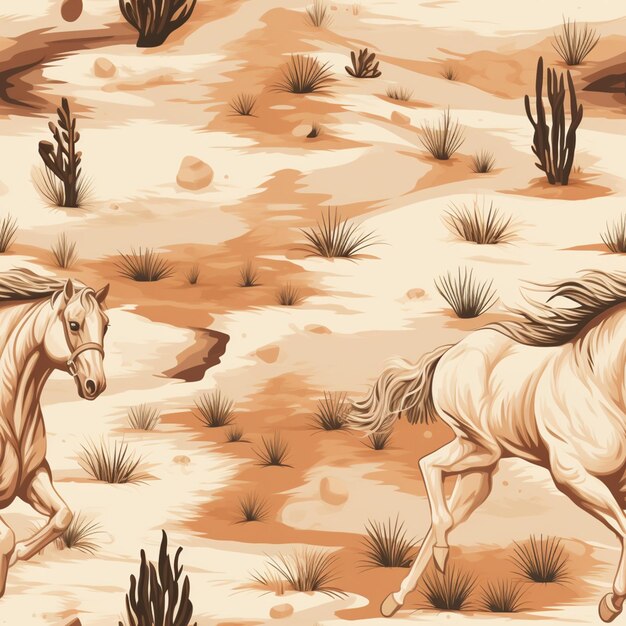 Foto caballos corriendo en el desierto con plantas de cactus y rocas generativo ai