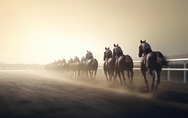 Caballos corriendo en fila en el desierto