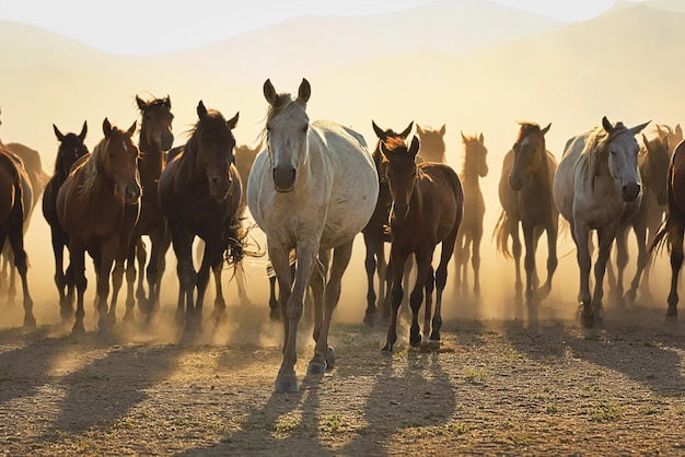 Caballos corriendo en medio del polvo