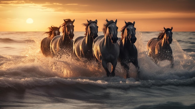 Caballos corriendo en la playa al atardecer