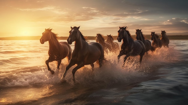 Caballos corriendo en la playa al atardecer