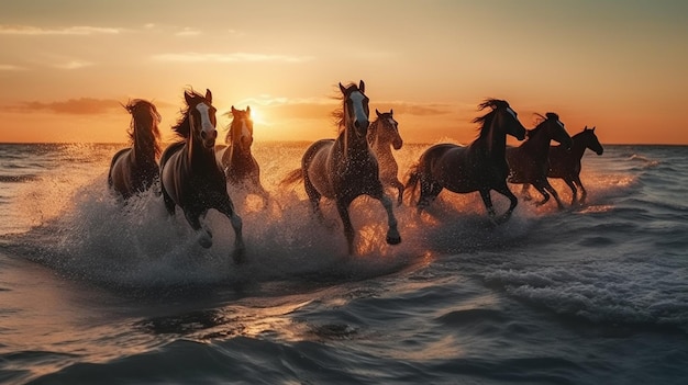 Caballos corriendo en la playa al atardecer