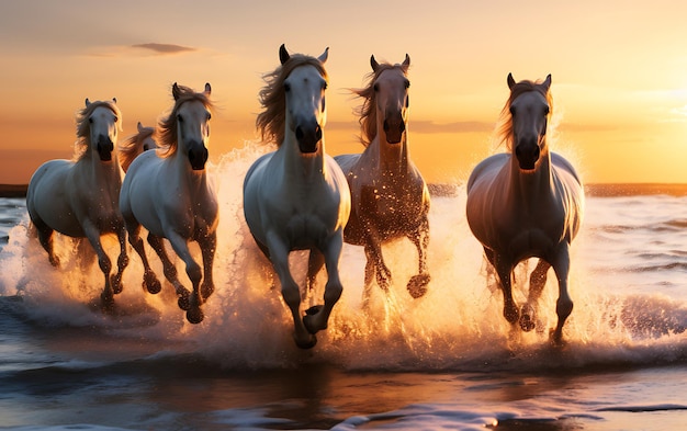 Foto caballos corriendo por la playa al atardecer