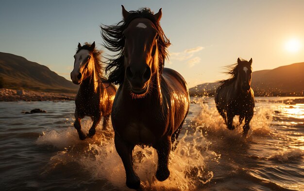 Foto caballos corriendo por la playa al atardecer