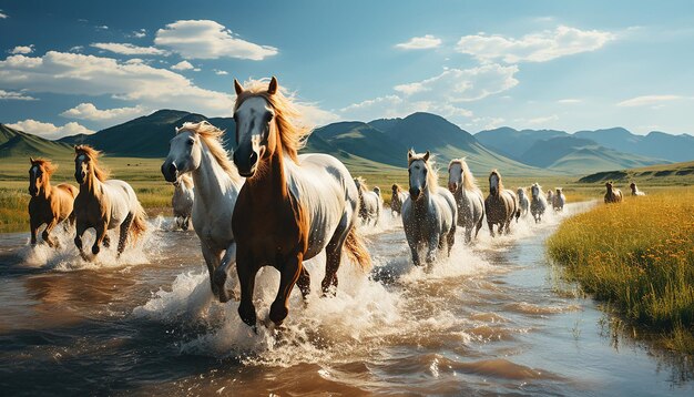 Foto caballos corriendo por el prado mongol