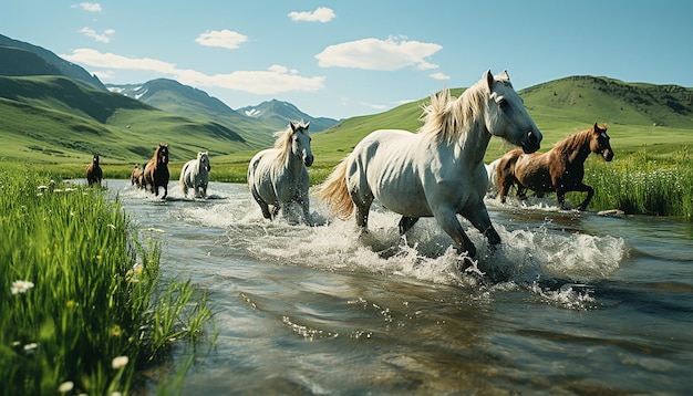 Foto caballos corriendo por el prado mongol