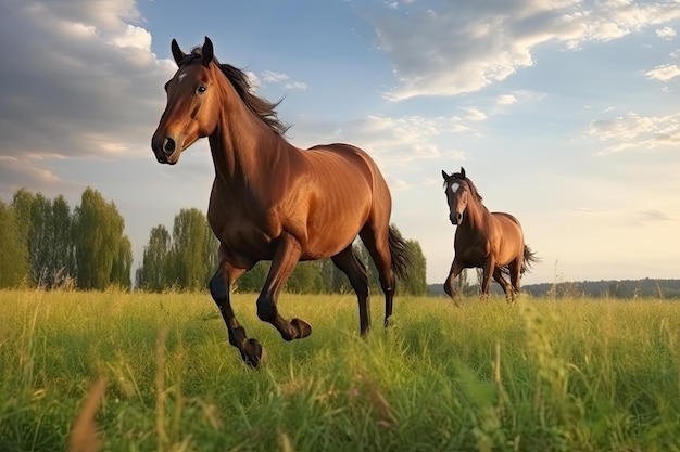 Caballos corriendo en un prado verde con un bonito paisaje