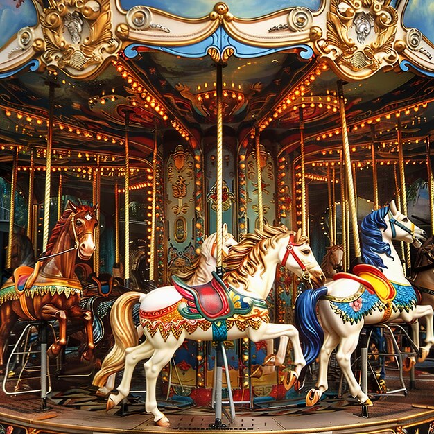 Foto los caballos dan vueltas, el carnaval, el encantador carrusel anticuado.