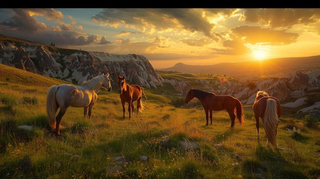 caballos dejados en el pasto al atardecer