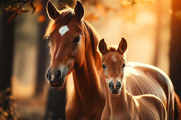 Los caballos están parados en la dorada puesta de sol.