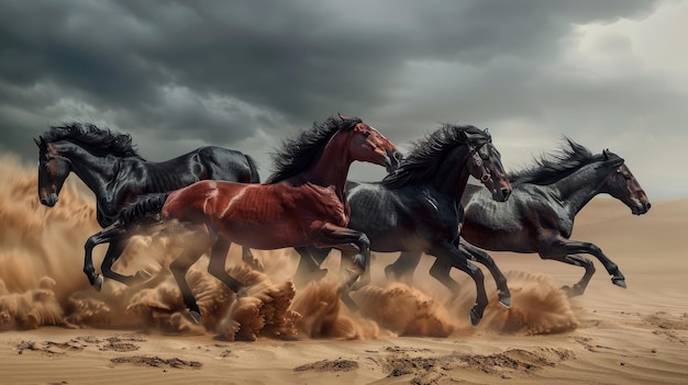 Caballos galopando en una dramática escena del desierto