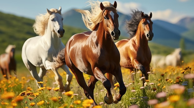 Los caballos galopando por el prado lleno de flores