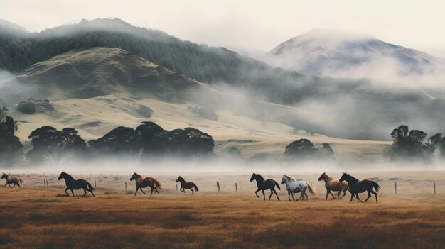 Los caballos galopando a través del campo de niebla en la cordillera