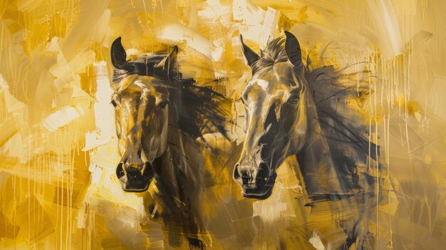 Foto los caballos gemelos emergen en una vibrante pintura abstracta amarilla que evoca pasión y belleza salvaje