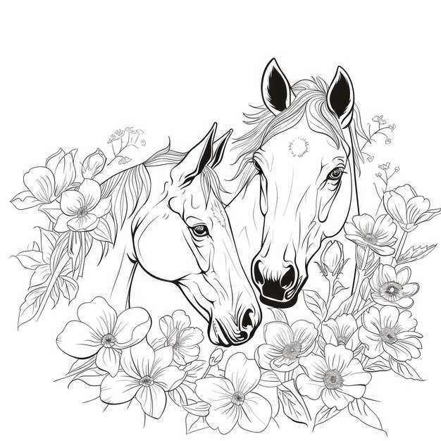 Caballos lindos con flores Esbozo aislado para libro de colorear