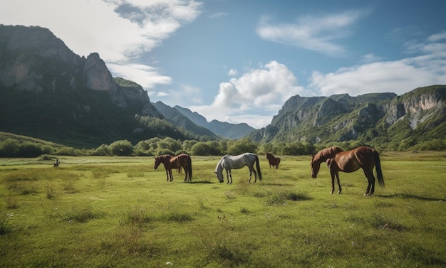 Caballos pastando en un campo con montañas al fondo