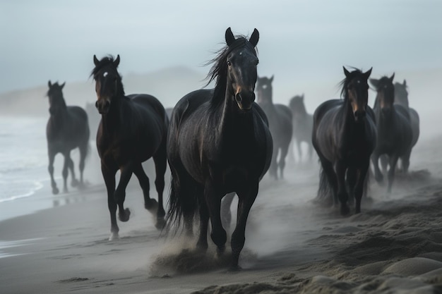 Caballos en la playa en la niebla al amanecer ai generativo