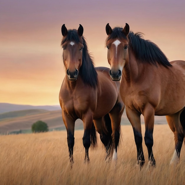 Caballos en el prado al atardecer hermoso paisaje natural