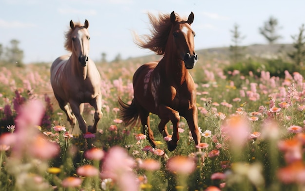 Caballos en un prado de flores IA generativa