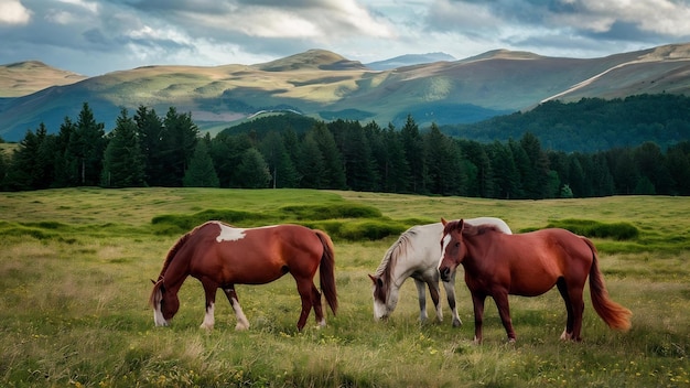 Caballos en el prado de las montañas