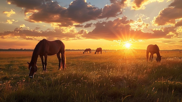 Caballos de pura sangre pastando al atardecer en un campo