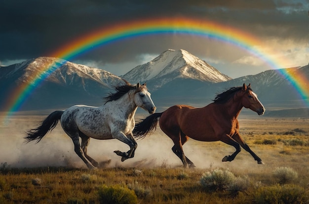 Los caballos salvajes galopando con el arco iris de la montaña