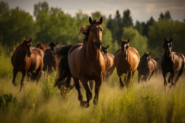 Caballos salvajes galopando en un exuberante prado