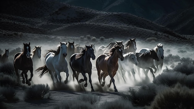 Caballos salvajes galopando a la luz de la luna