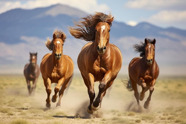 Caballos salvajes galopando a través de una imagen de fondo de naturaleza abierta