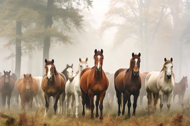 Caballos salvajes en la niebla de la naturaleza