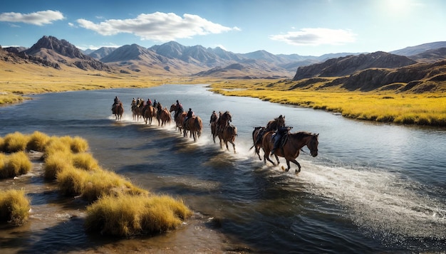 Caballos con turistas cruzando un río