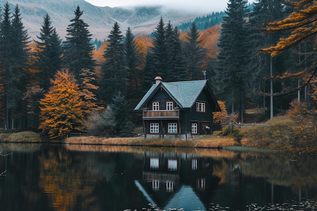 Cabana à beira do lago em cenário de montanha de outono com IA gerada