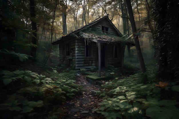 Cabaña abandonada en el bosque Red neuronal IA generada