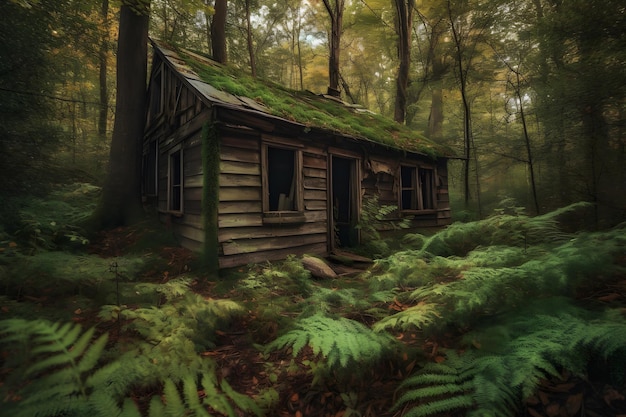 Foto cabana abandonada na floresta rede neural gerada por ia