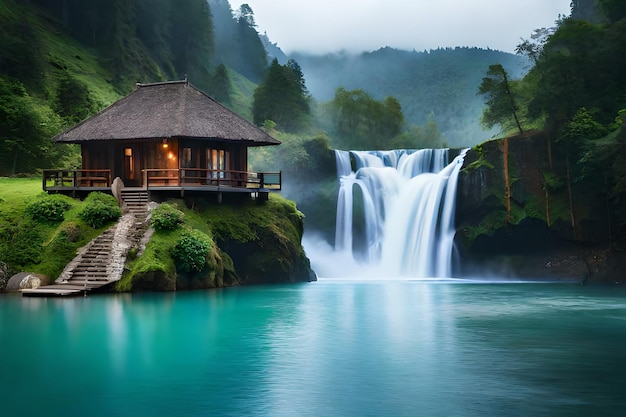 Foto una cabaña en un acantilado con una cascada en el fondo.