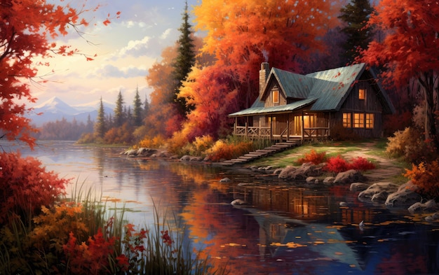 Cabaña acogedora abrazada por el follaje de otoño.