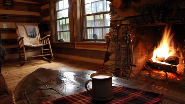 Foto una cabaña acogedora en el bosque con una chimenea crepitante y una taza de café caliente