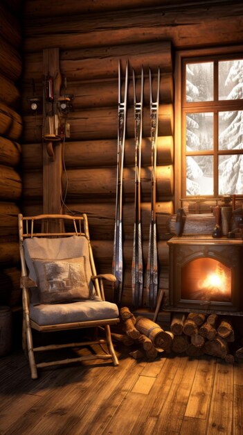 Foto cabaña acogedora en el bosque con chimenea y esquís