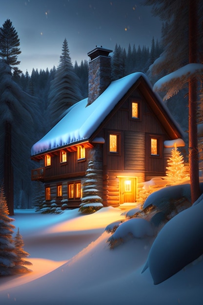 Una cabaña acogedora en un bosque cubierto de nieve con un brillo cálido que emana de sus ventanas