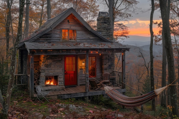 Una cabaña acogedora en el bosque con un fuego cálido y una vista de las montañas