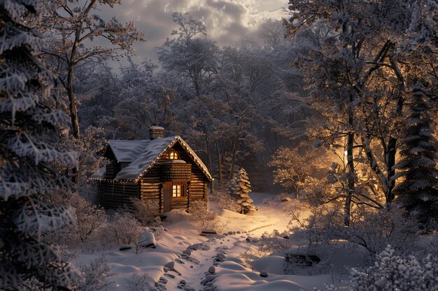 Una cabaña acogedora en un bosque nevado