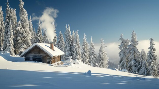 Cabaña acogedora en el nevado bosque de invierno en el resplandor diurno