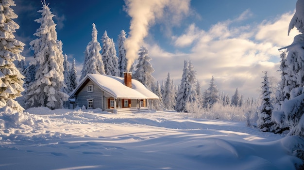 Cabaña acogedora en el nevado bosque de invierno en el resplandor diurno