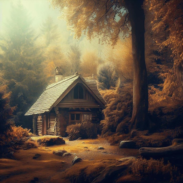 Una cabaña acogedora en un país de las maravillas de otoño paisaje cinematográfico estilo pintura al óleo