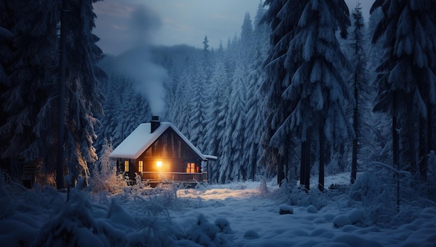 Cabana aconchegante aninhada em uma floresta coberta de neve com janelas iluminadas em uma noite de inverno nebulosa