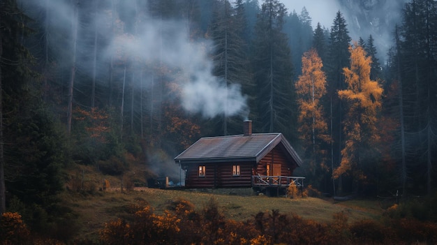 cabana aconchegante aninhada em uma floresta limpando fumaça enrolando-se preguiçosamente de sua chaminé para o ar fresco