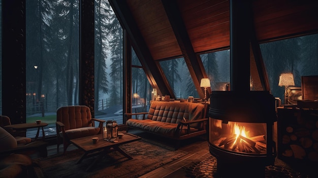 Cabana aconchegante na floresta com interior de fogão de madeira à noite