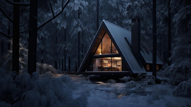Una cabaña aislada rodeada por un bosque cubierto de nieve capturando la soledad y el encanto del invierno en un entorno boscoso minimalista Ilustración generada por IA